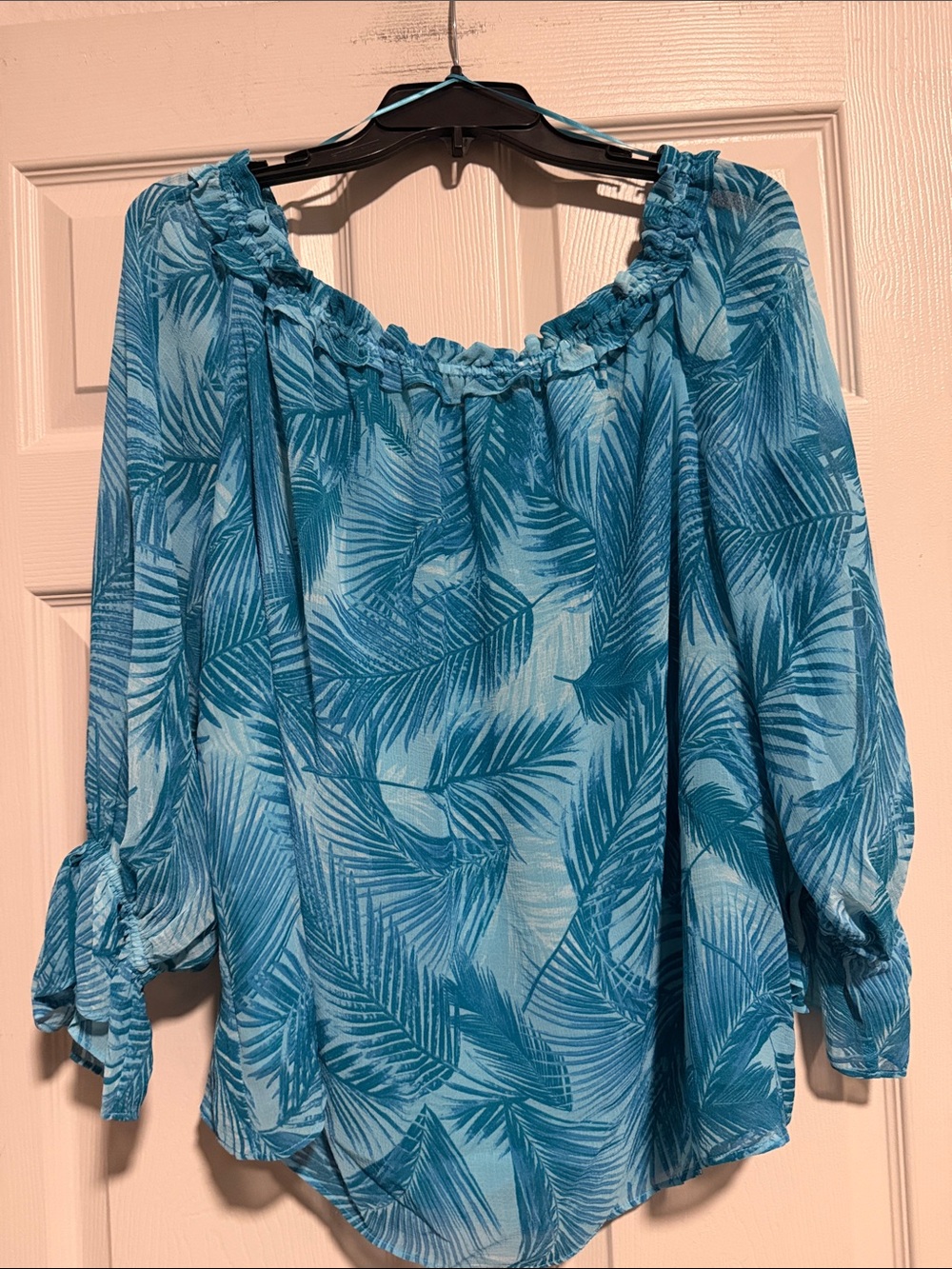 INC International Concepts Teal Blue Palm Print Off-Shoulder Blouse